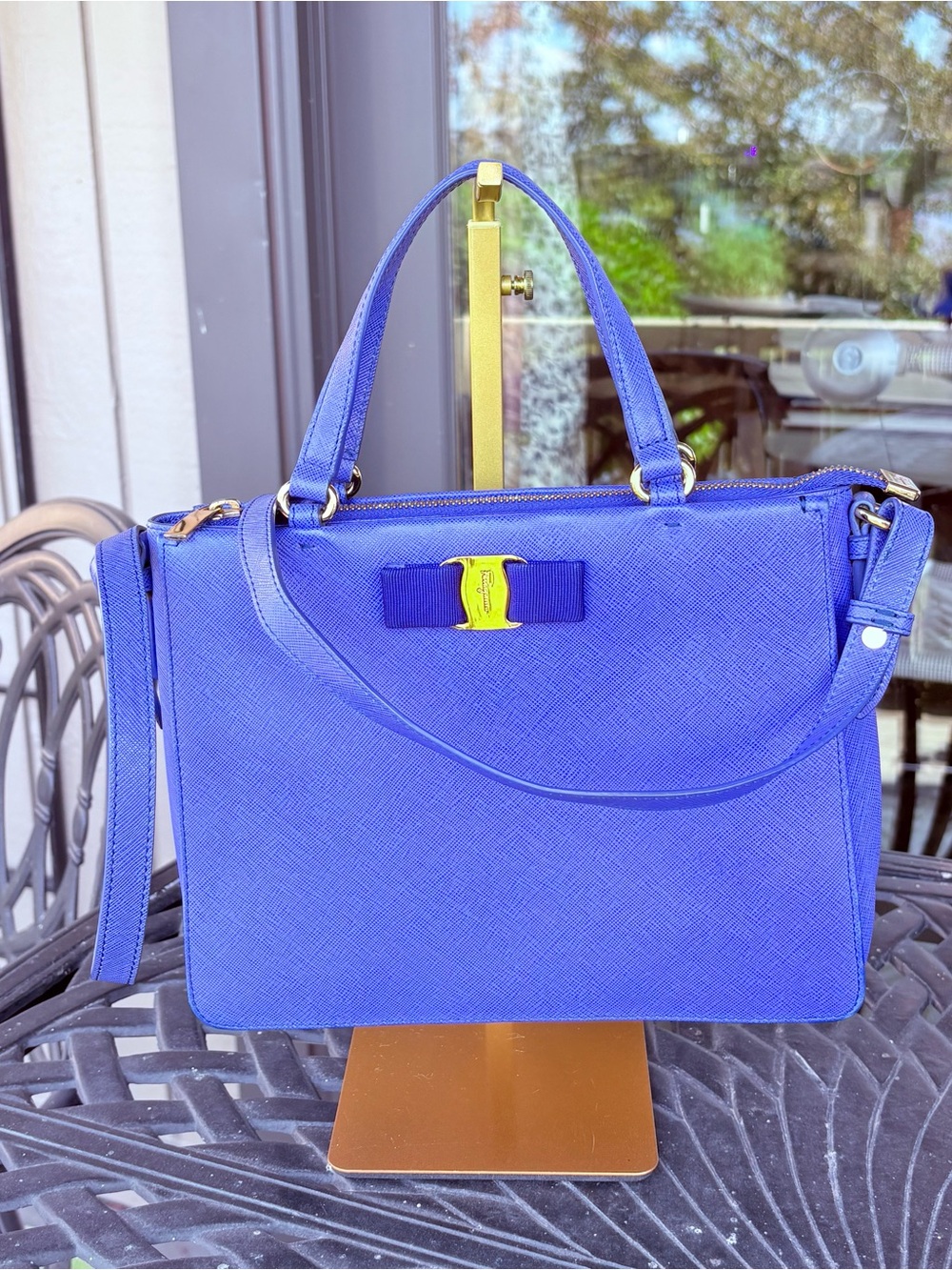 Salvatore Ferragamo Electric Blue Saffiano Tracy Vara Bow Satchel Bag